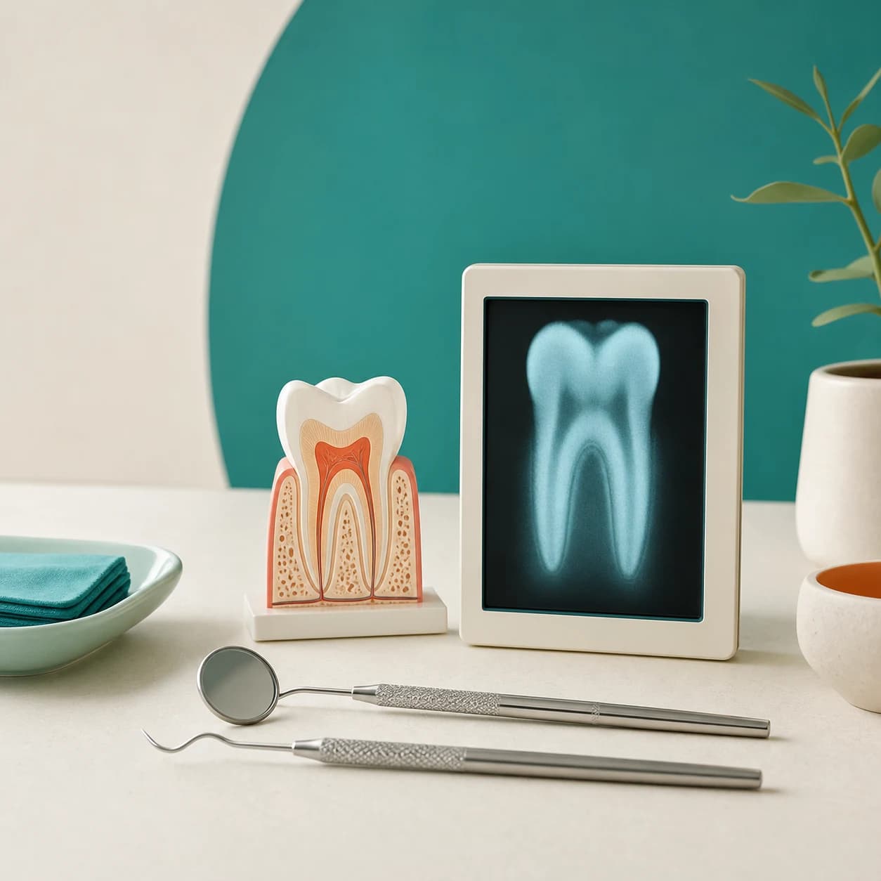 牙齿模型、口腔检查器械与牙片组成的全科检查科普场景