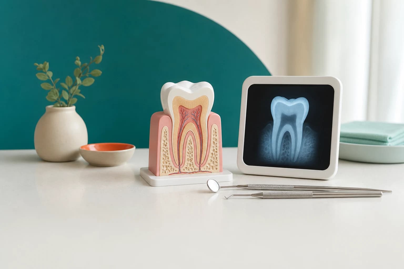 牙齿模型、口腔检查器械与牙片组成的口腔全科固定展示图