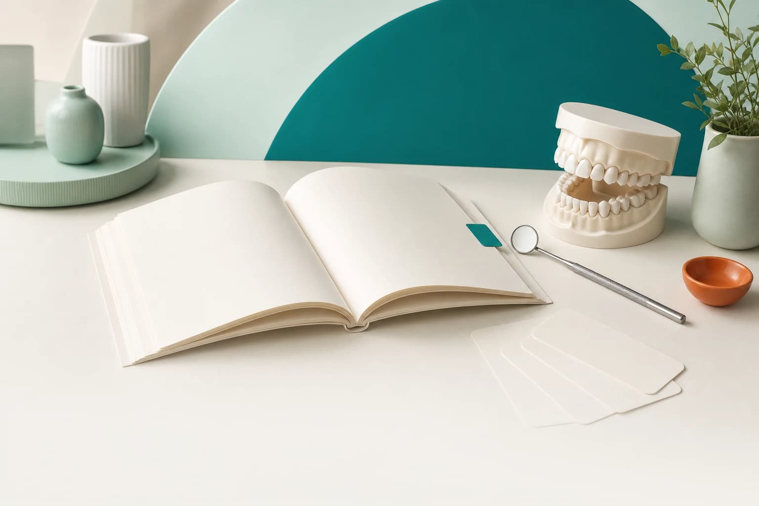 打开的空白科普手册、牙列模型、牙镜和资料卡片组成的口腔健康知识桌面