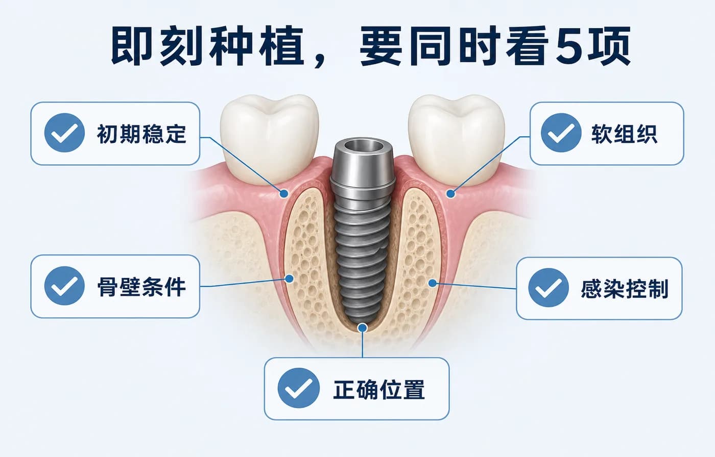 即刻种植要同时满足稳定、骨壁、软组织、感染控制和正确位置