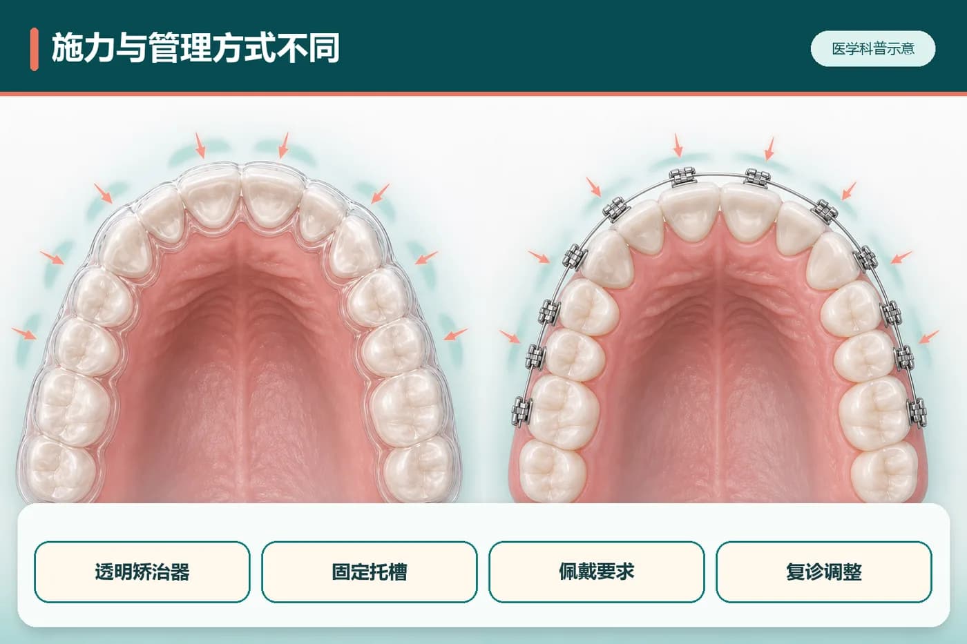 固定托槽与透明矫治器的基本施力方式